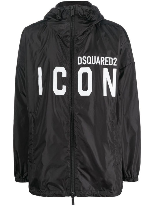 Black Icon Logo Print Hooded Coat