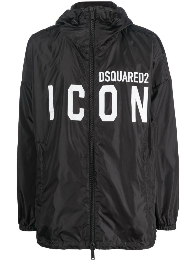 Black Icon Logo Print Hooded Coat