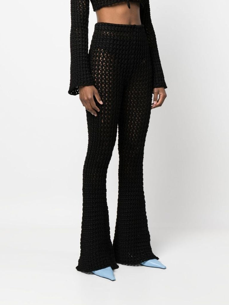 Black Crochet Knit Flared Trousers