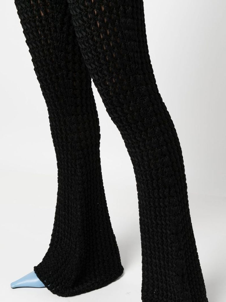 Black Crochet Knit Flared Trousers