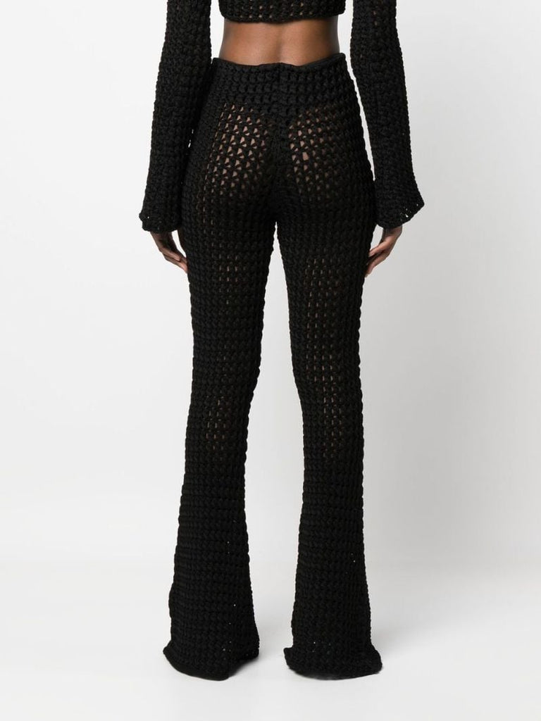 Black Crochet Knit Flared Trousers