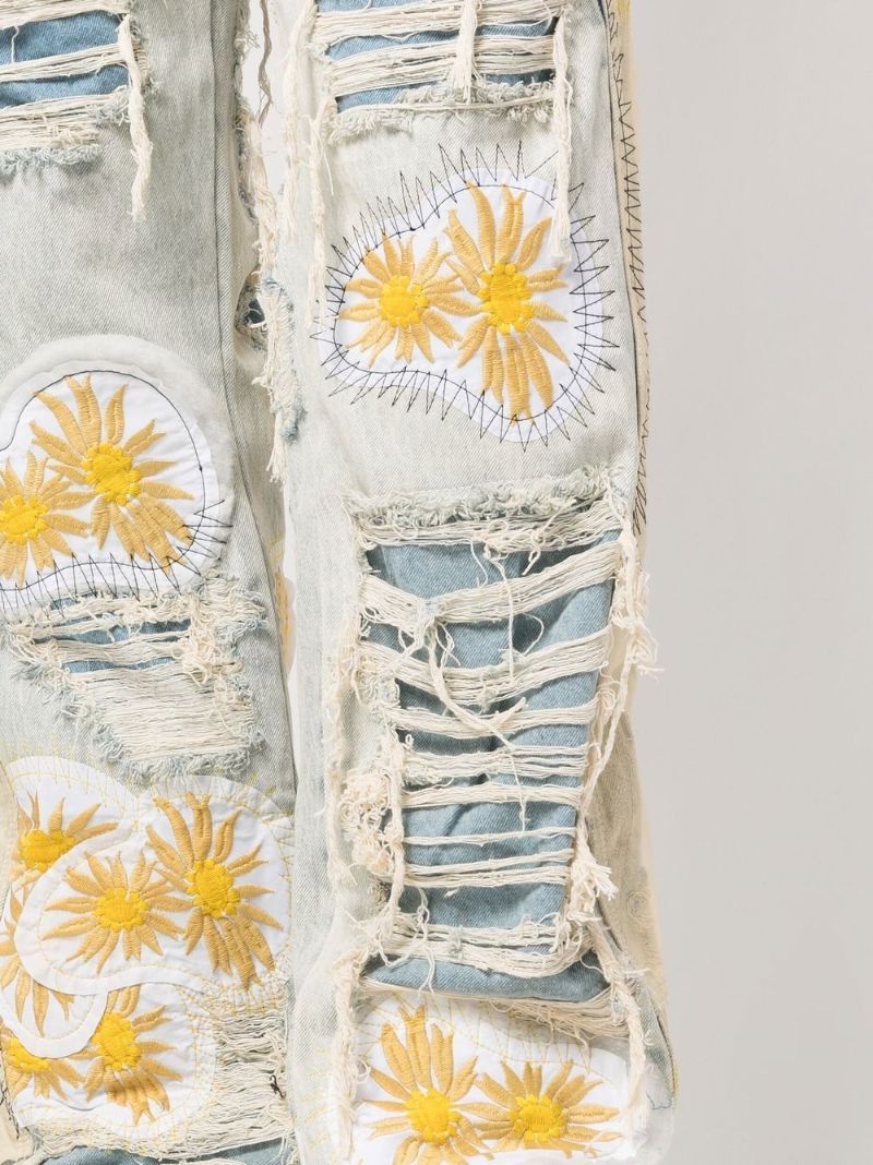 Blue Embroidered Distressed Jeans