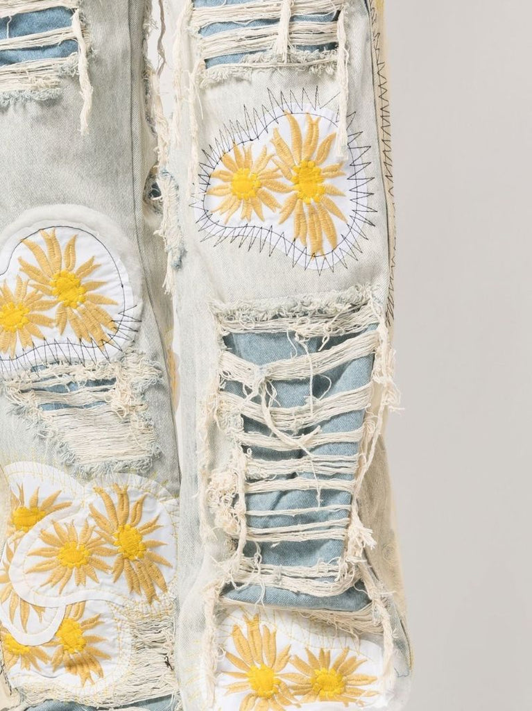 Blue Embroidered Distressed Jeans