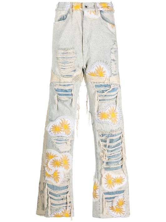 Blue Embroidered Distressed Jeans