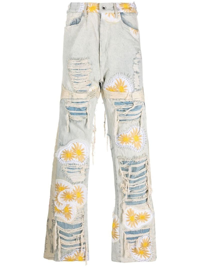 Blue Embroidered Distressed Jeans