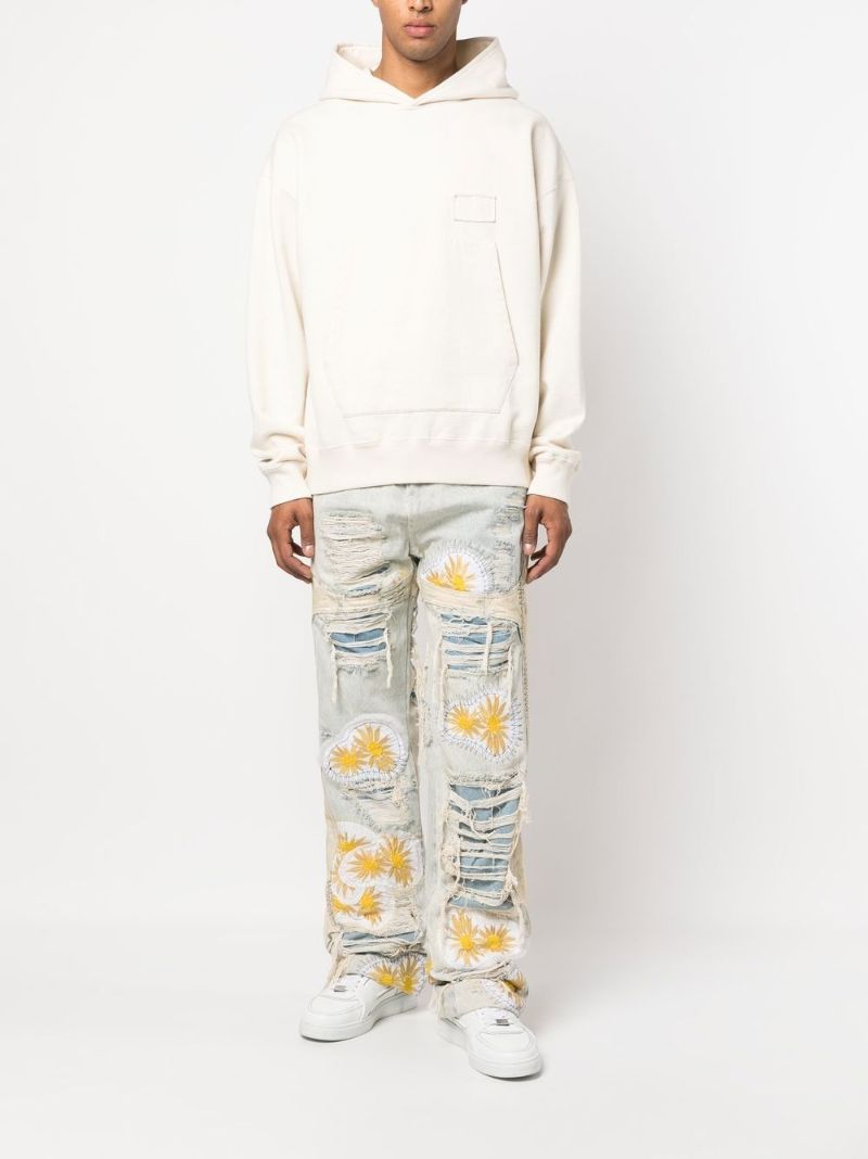 Blue Embroidered Distressed Jeans