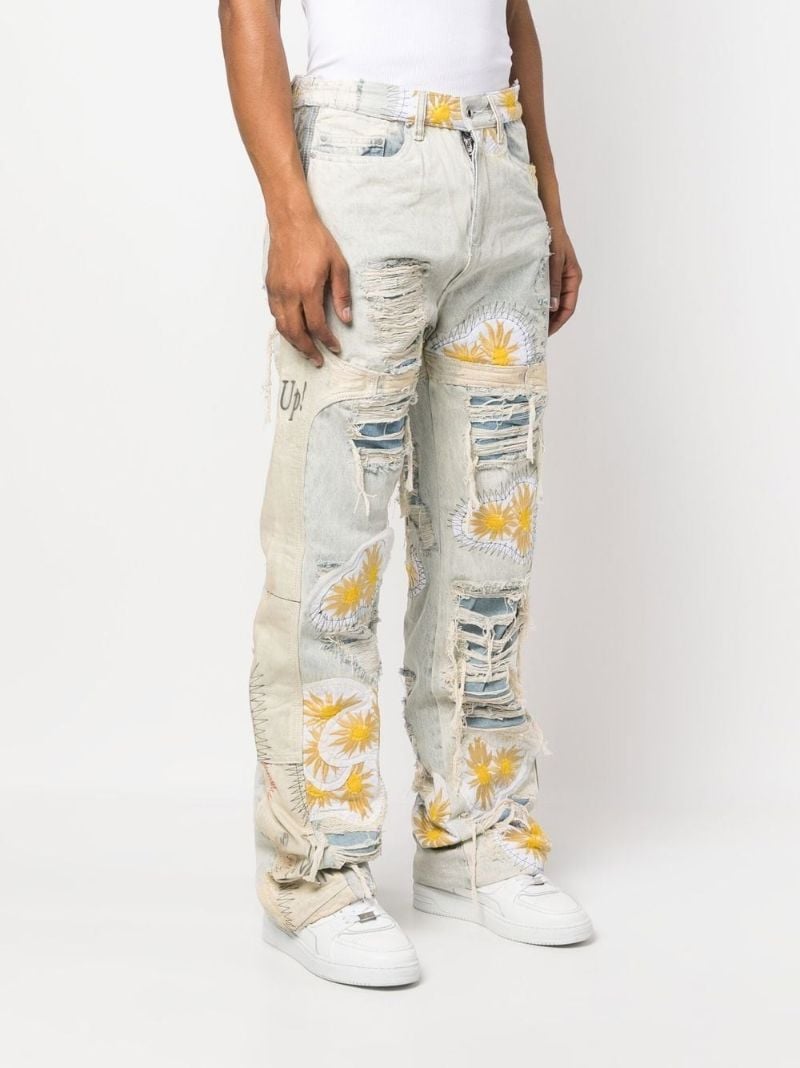 Blue Embroidered Distressed Jeans