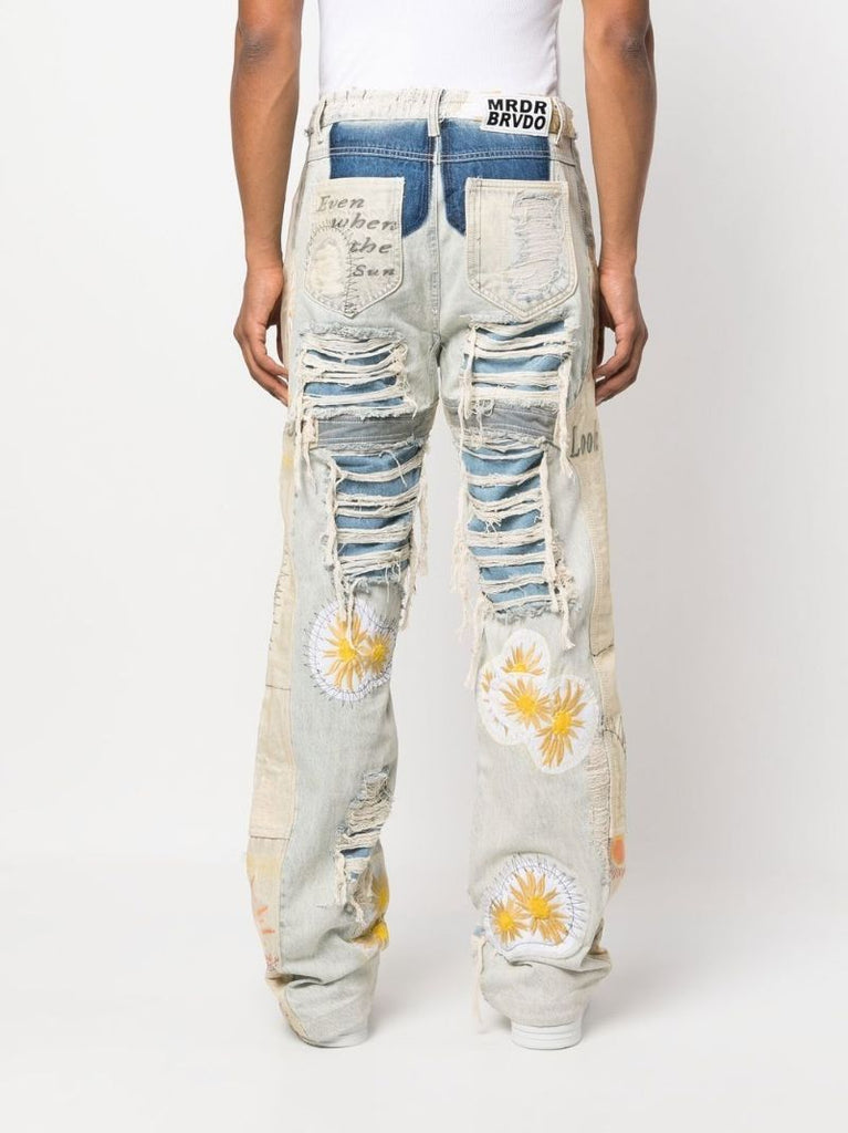 Blue Embroidered Distressed Jeans