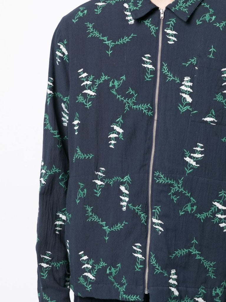 Blue Bowie Floral Embroidery Zip-up Shirt