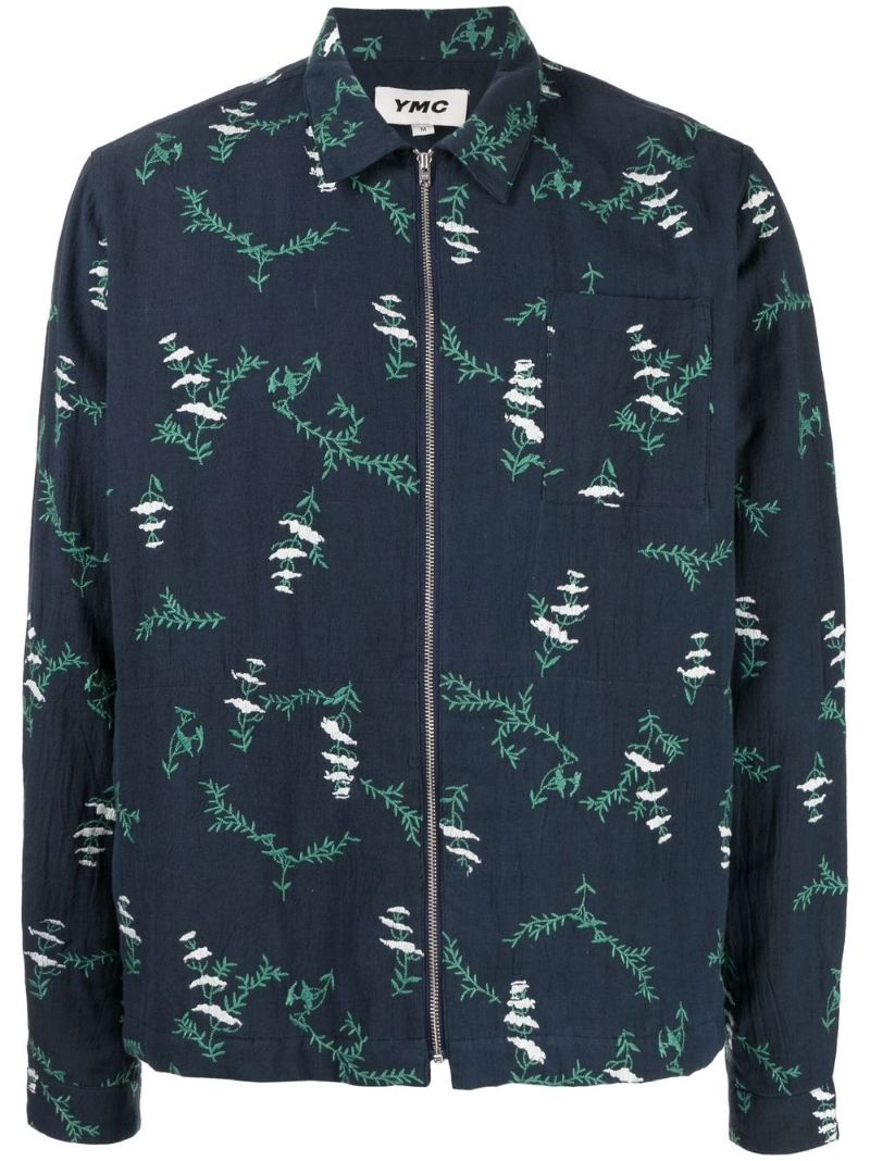 Blue Bowie Floral Embroidery Zip-up Shirt