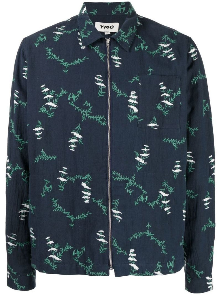 Blue Bowie Floral Embroidery Zip-up Shirt
