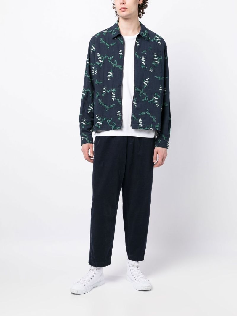Blue Bowie Floral Embroidery Zip-up Shirt