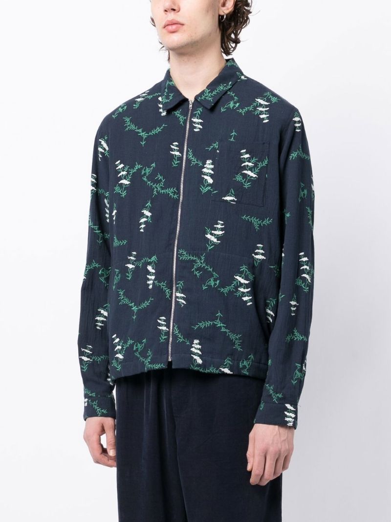 Blue Bowie Floral Embroidery Zip-up Shirt