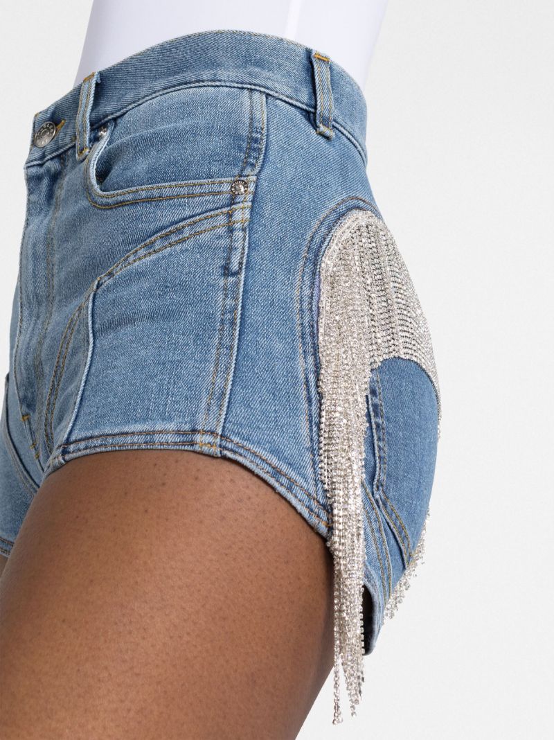 Blue Crystal Fringe Denim Shorts