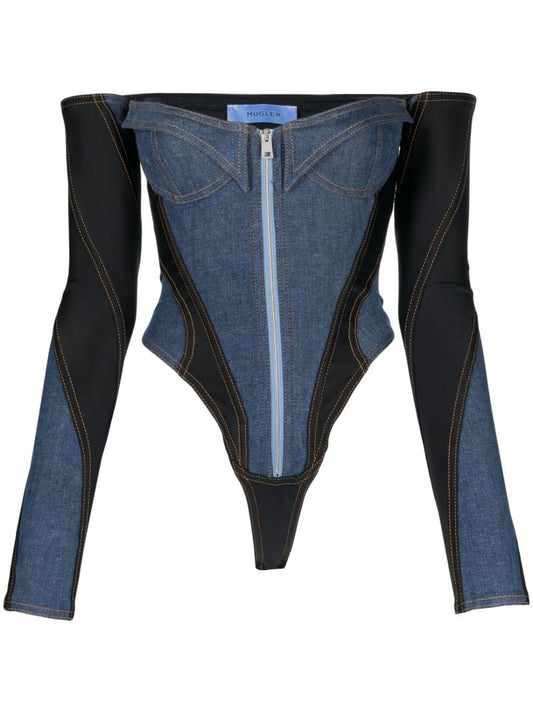 Blue Off-the-shoulder Denim Bodysuit