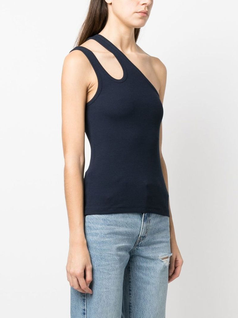 Blue Ribbed One-shoulder Vest Top
