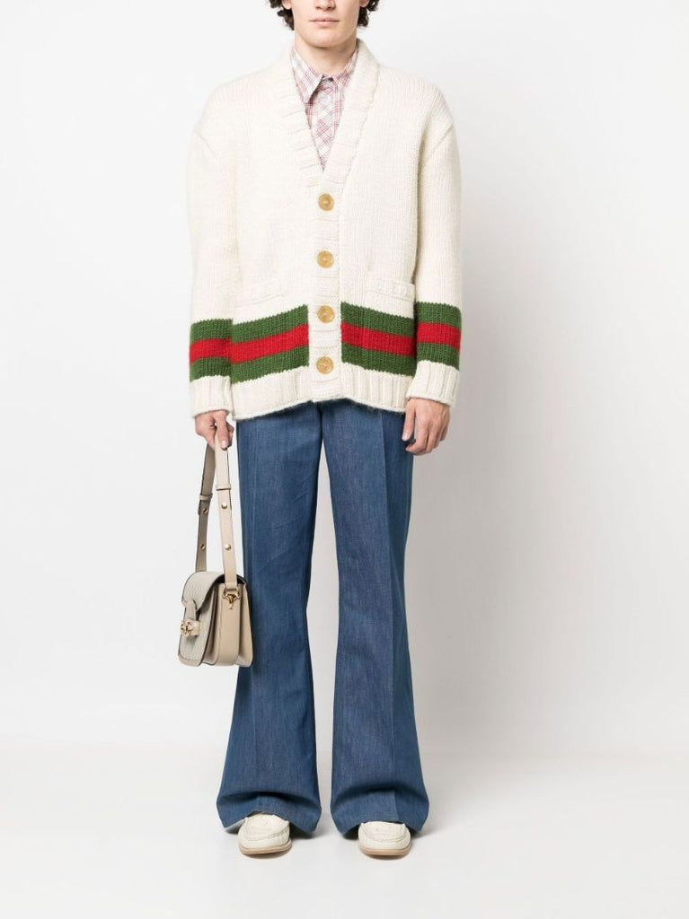 Neutral Web Stripe Wool Cardigan