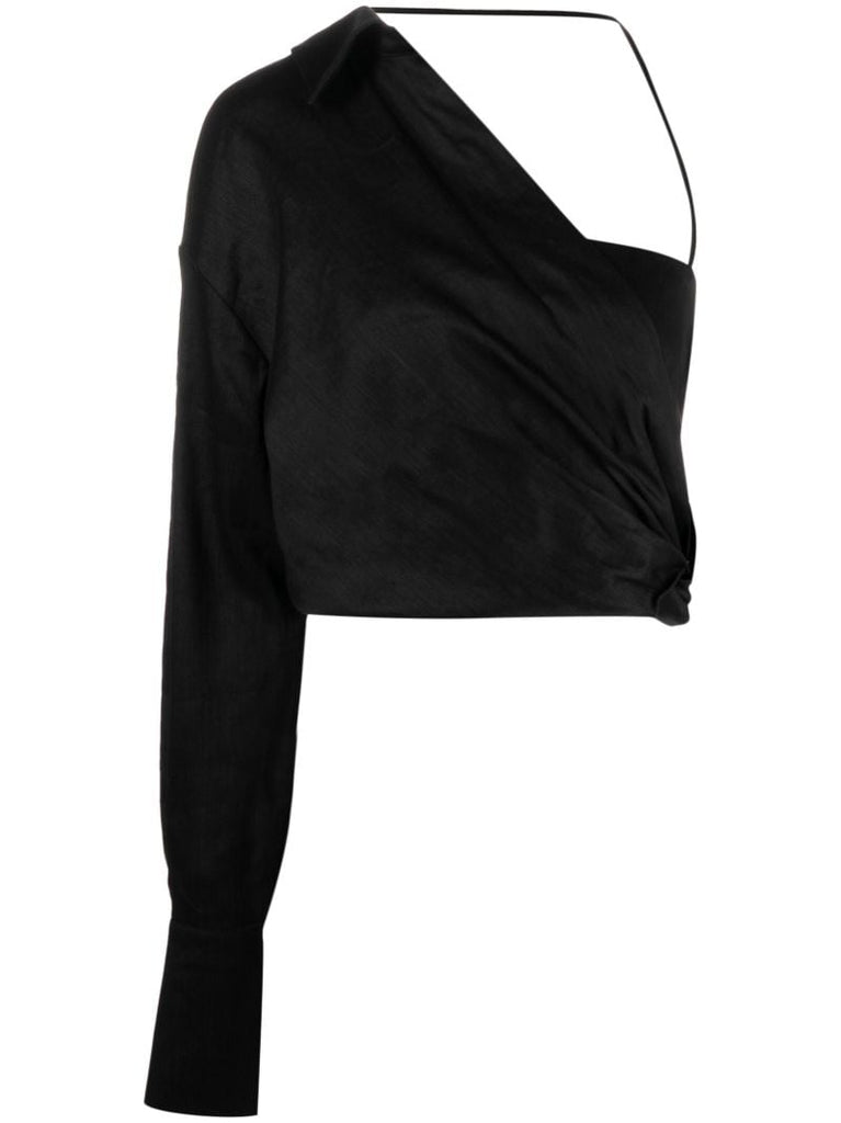 Black Ganri Draped One-shoulder Blouse