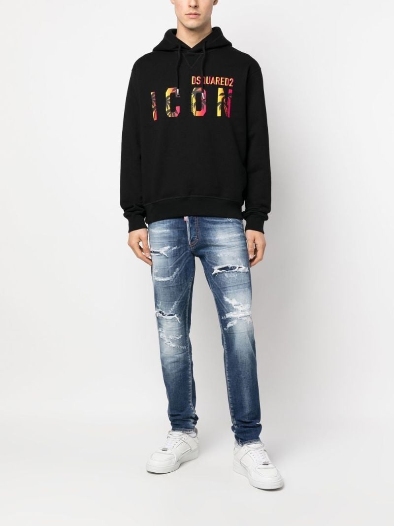 Black Icon Print Hooded Cotton Sweatshirt