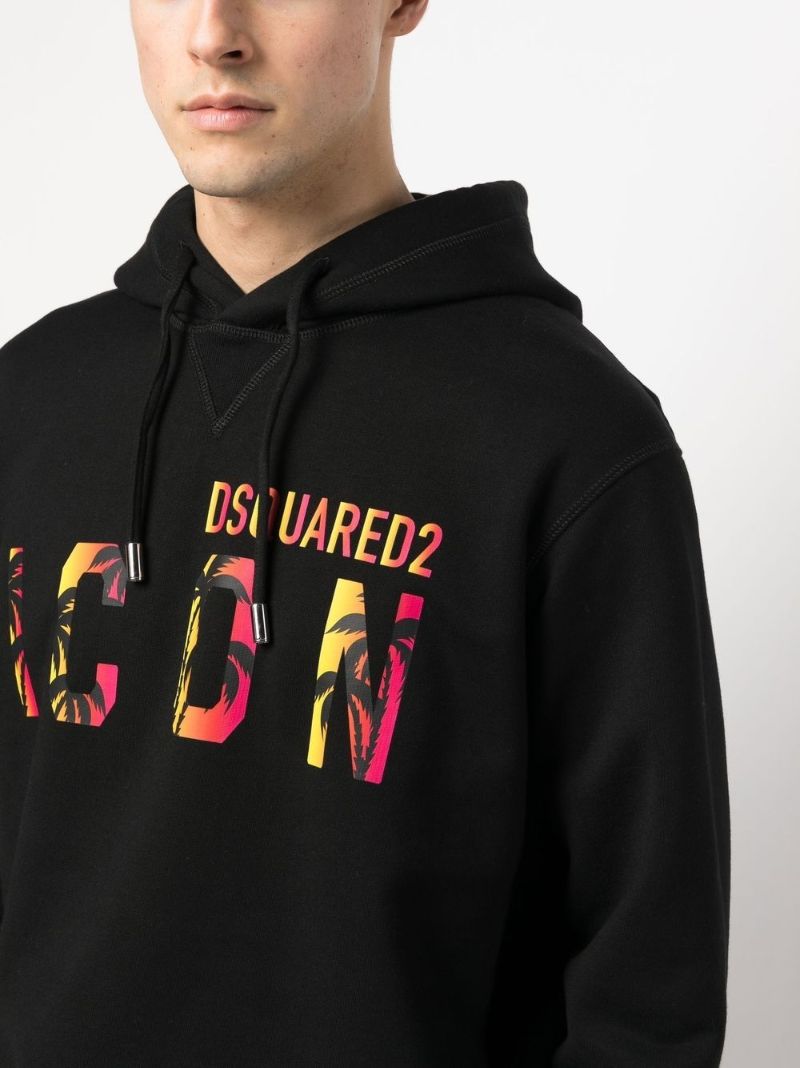 Black Icon Print Hooded Cotton Sweatshirt