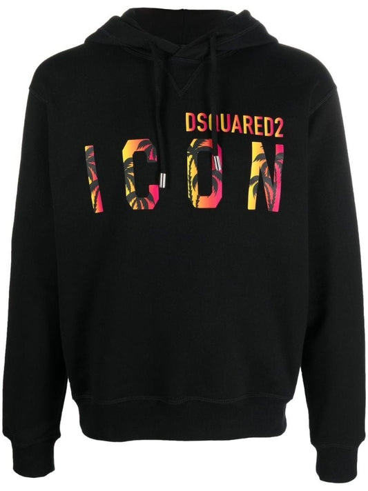 Black Icon Print Hooded Cotton Sweatshirt