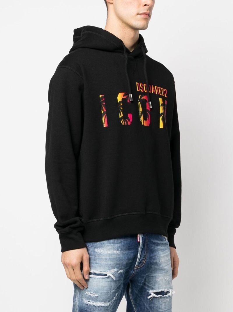 Black Icon Print Hooded Cotton Sweatshirt