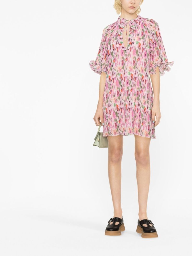 Pink Floral Print Pleated Mini Dress