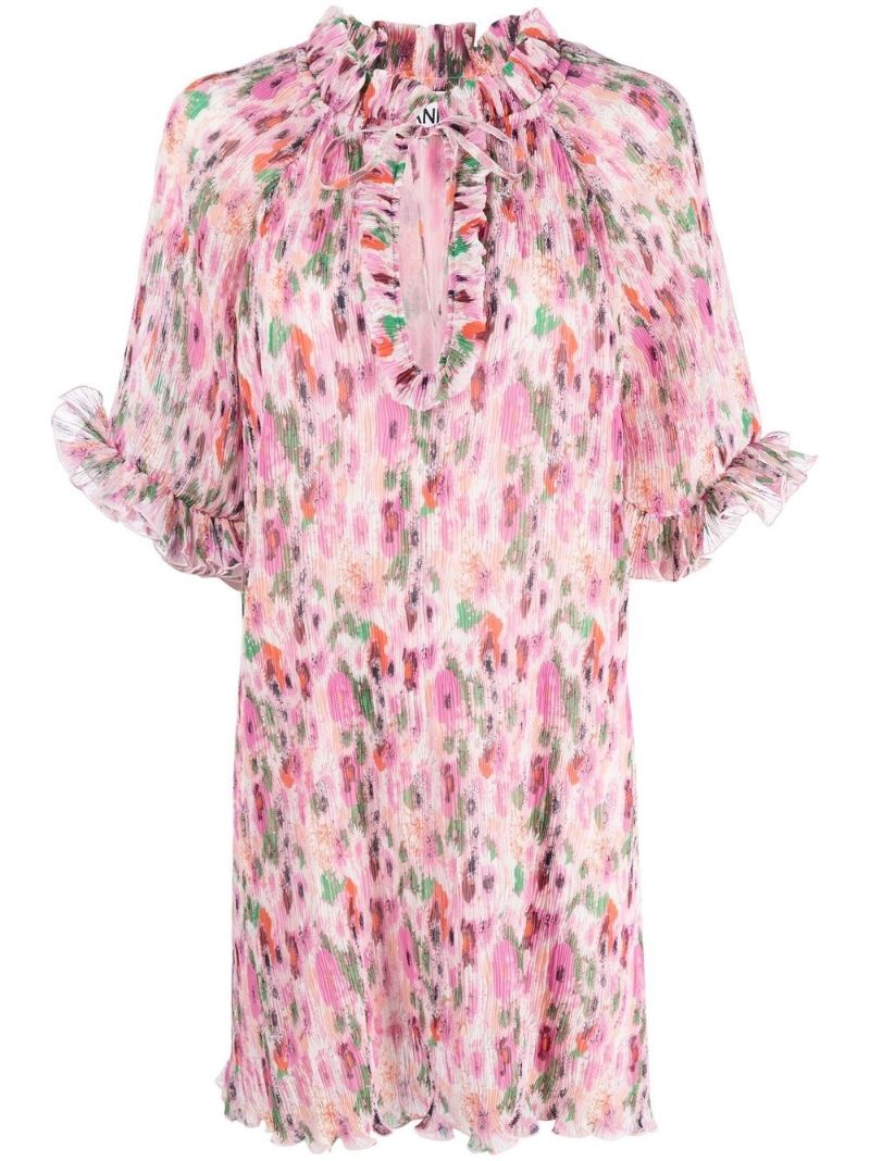 Pink Floral Print Pleated Mini Dress