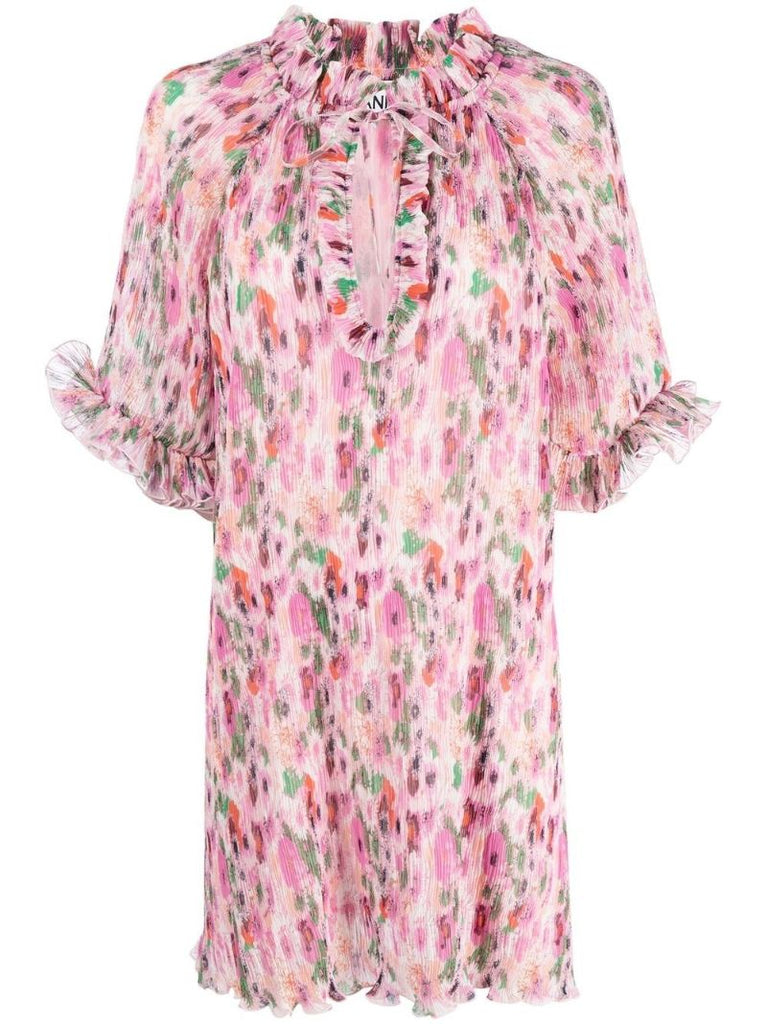 Pink Floral Print Pleated Mini Dress