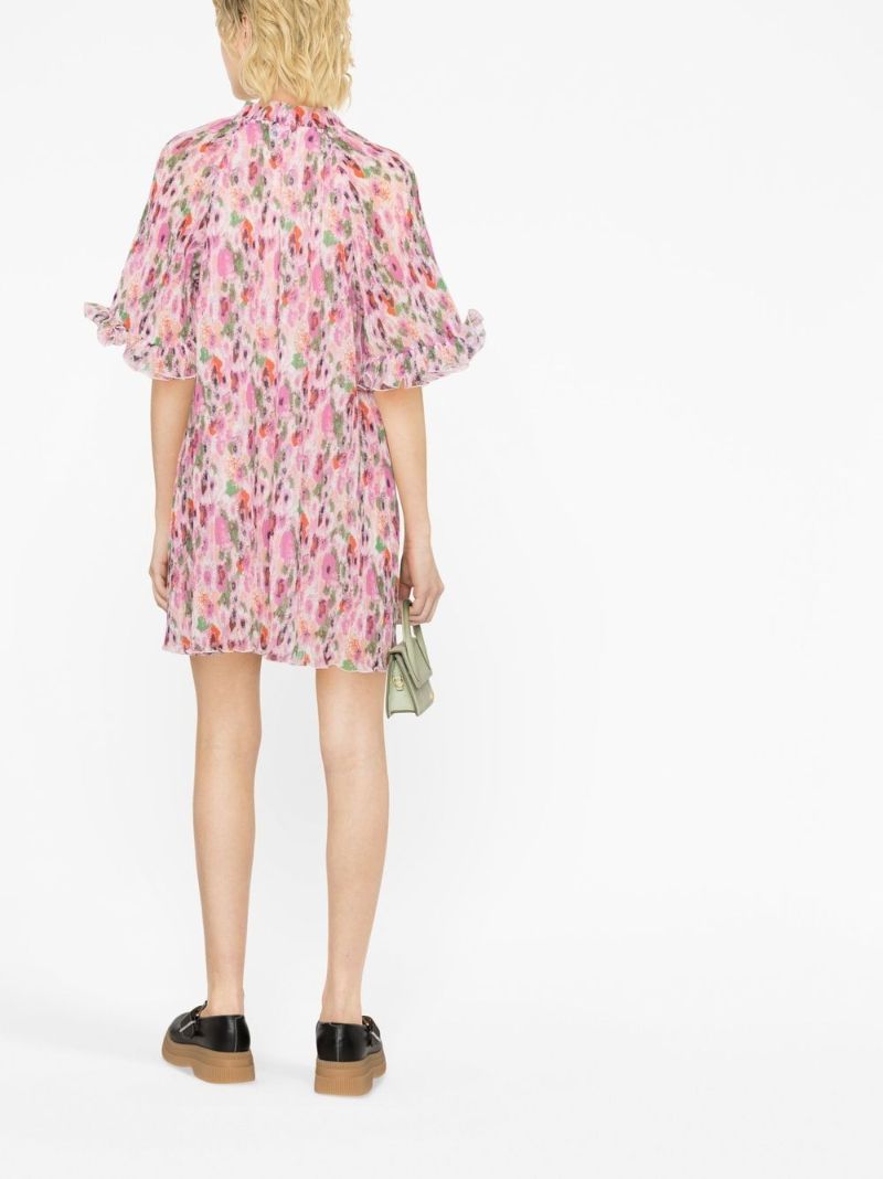 Pink Floral Print Pleated Mini Dress