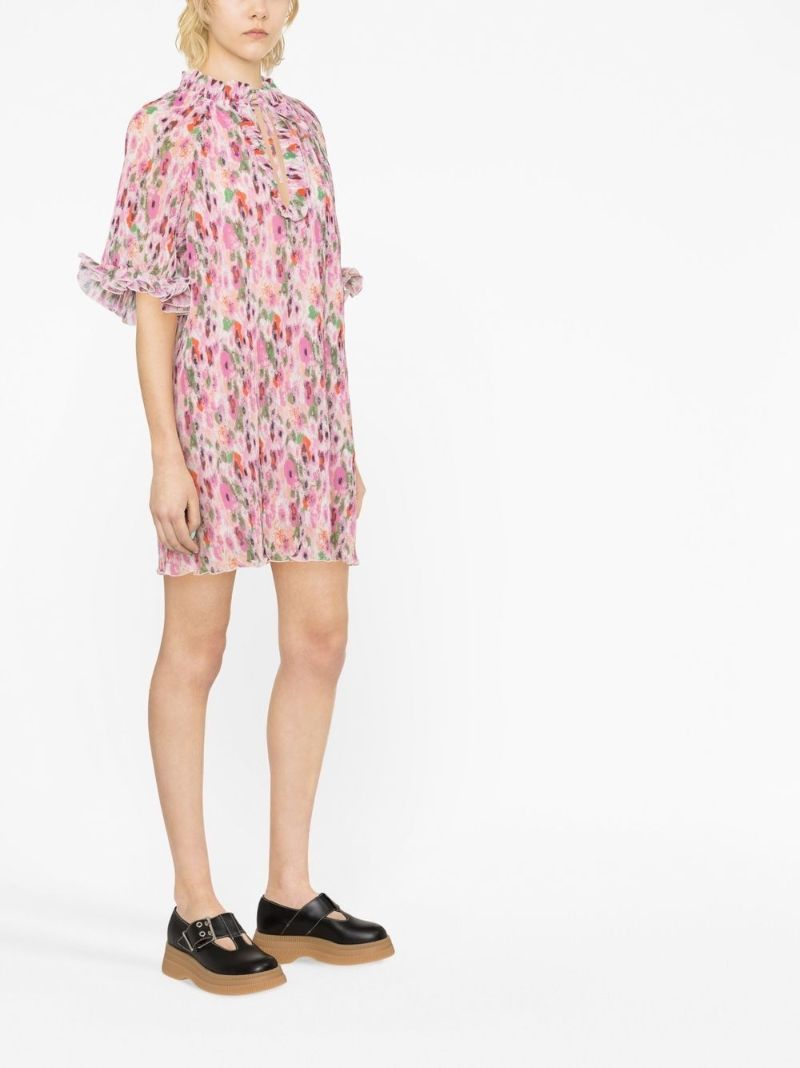 Pink Floral Print Pleated Mini Dress