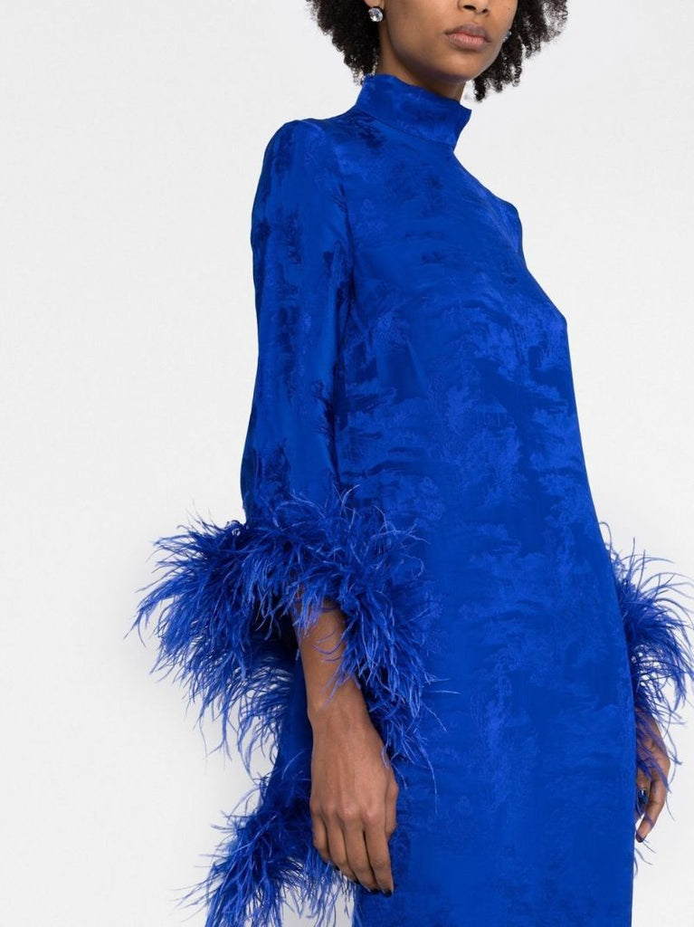 Blue Floral Print Feather-trim Midi Dress