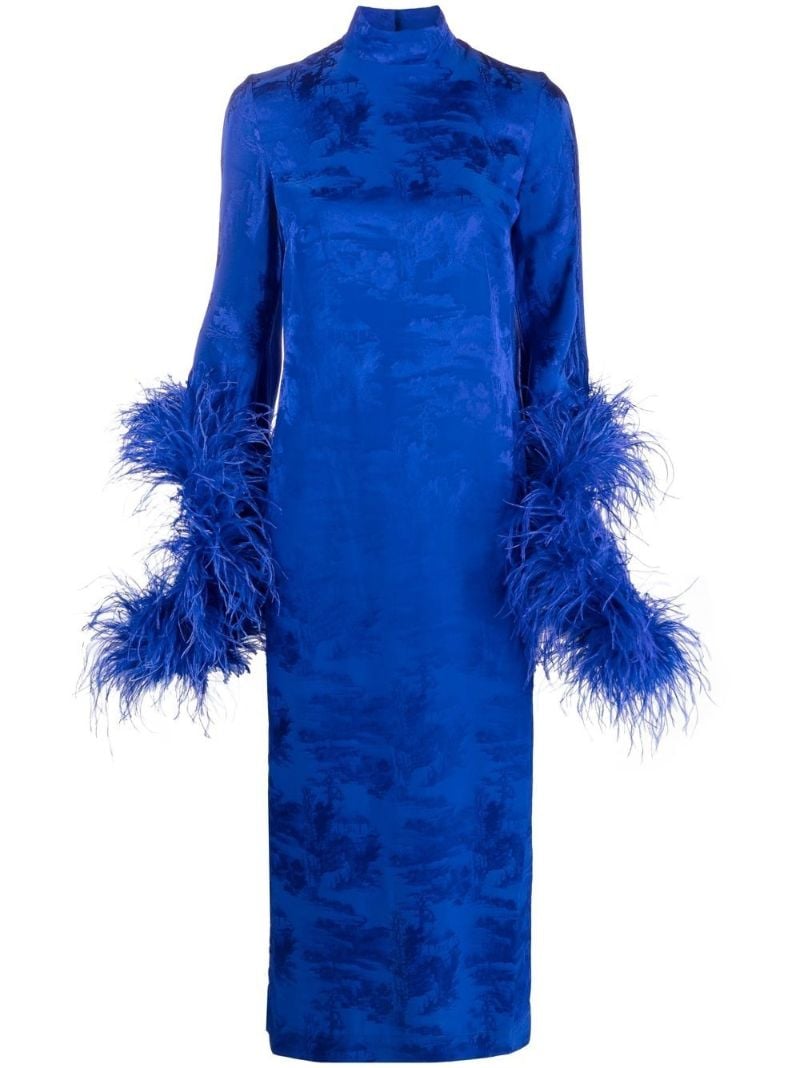 Blue Floral Print Feather-trim Midi Dress