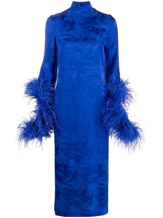 Blue Floral Print Feather-trim Midi Dress