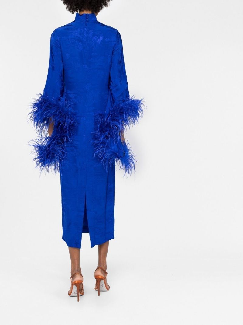 Blue Floral Print Feather-trim Midi Dress