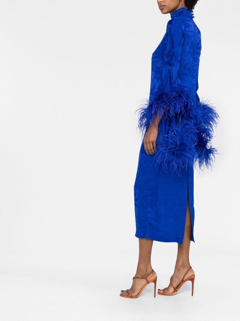 Blue Floral Print Feather-trim Midi Dress