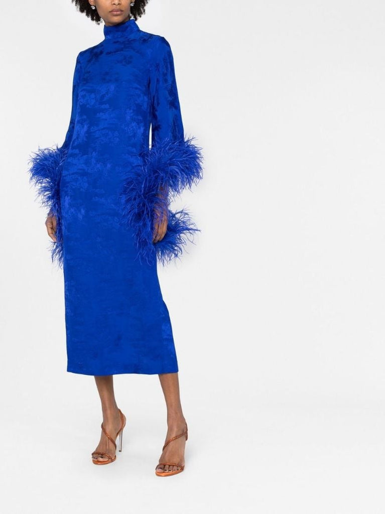 Blue Floral Print Feather-trim Midi Dress