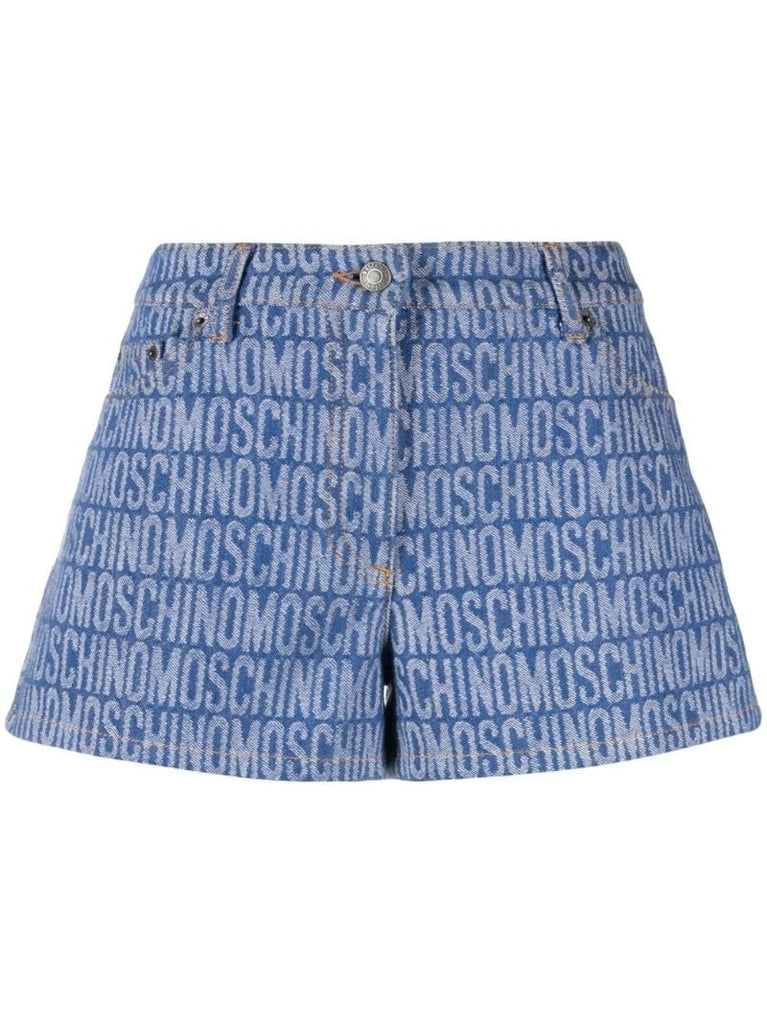 Blue Logo Print Denim Shorts