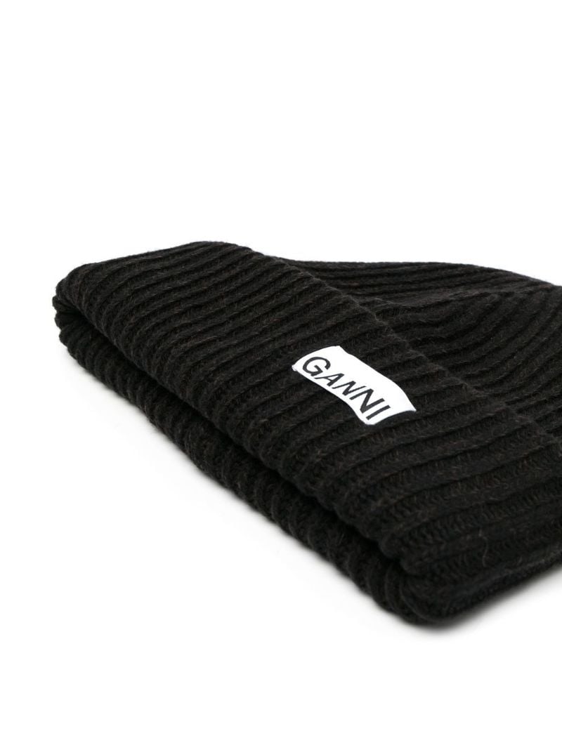 Black Ribbed-knit Beanie Hat