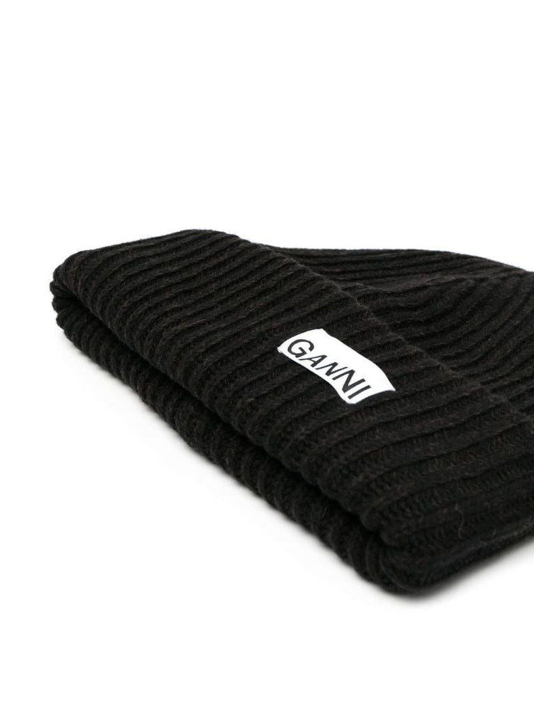 Black Ribbed-knit Beanie Hat
