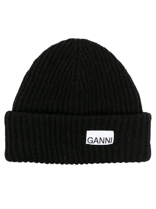 Black Ribbed-knit Beanie Hat