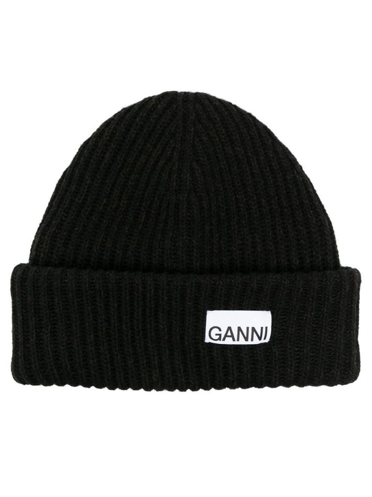 Black Ribbed-knit Beanie Hat