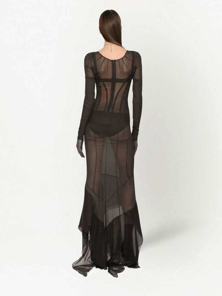 Black Asymmetric Sheer Maxi Dress