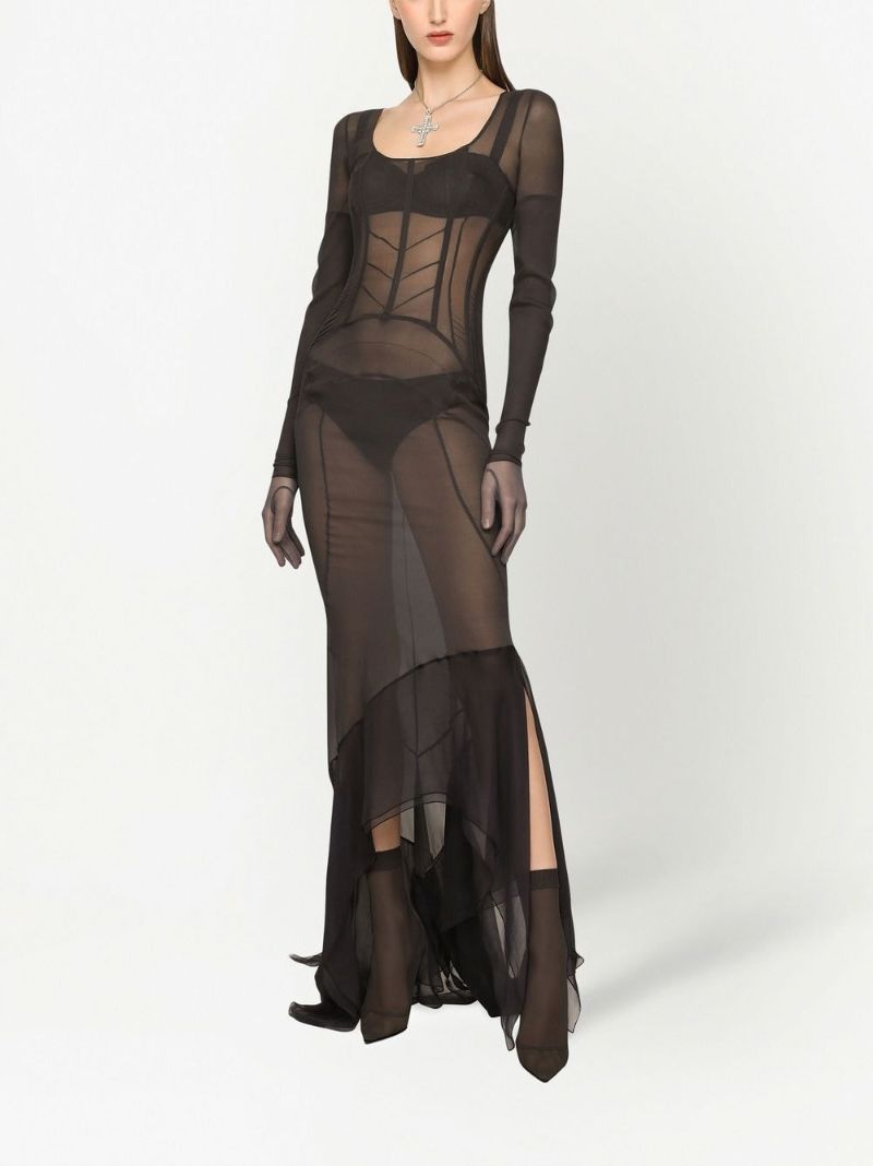 Black Asymmetric Sheer Maxi Dress