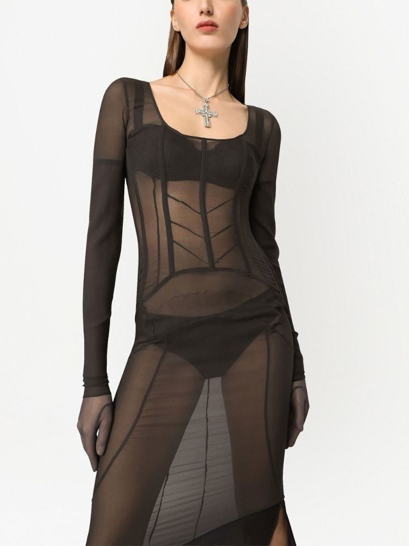Black Asymmetric Sheer Maxi Dress