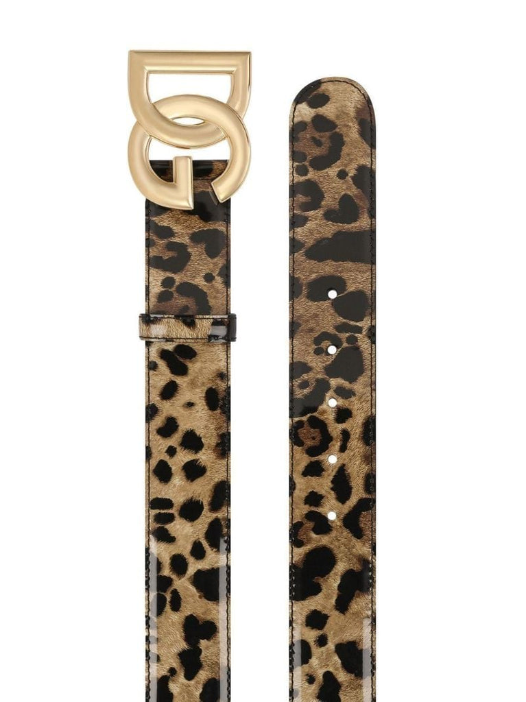 Brown Leopard Print Logo Buckle Leather Belt