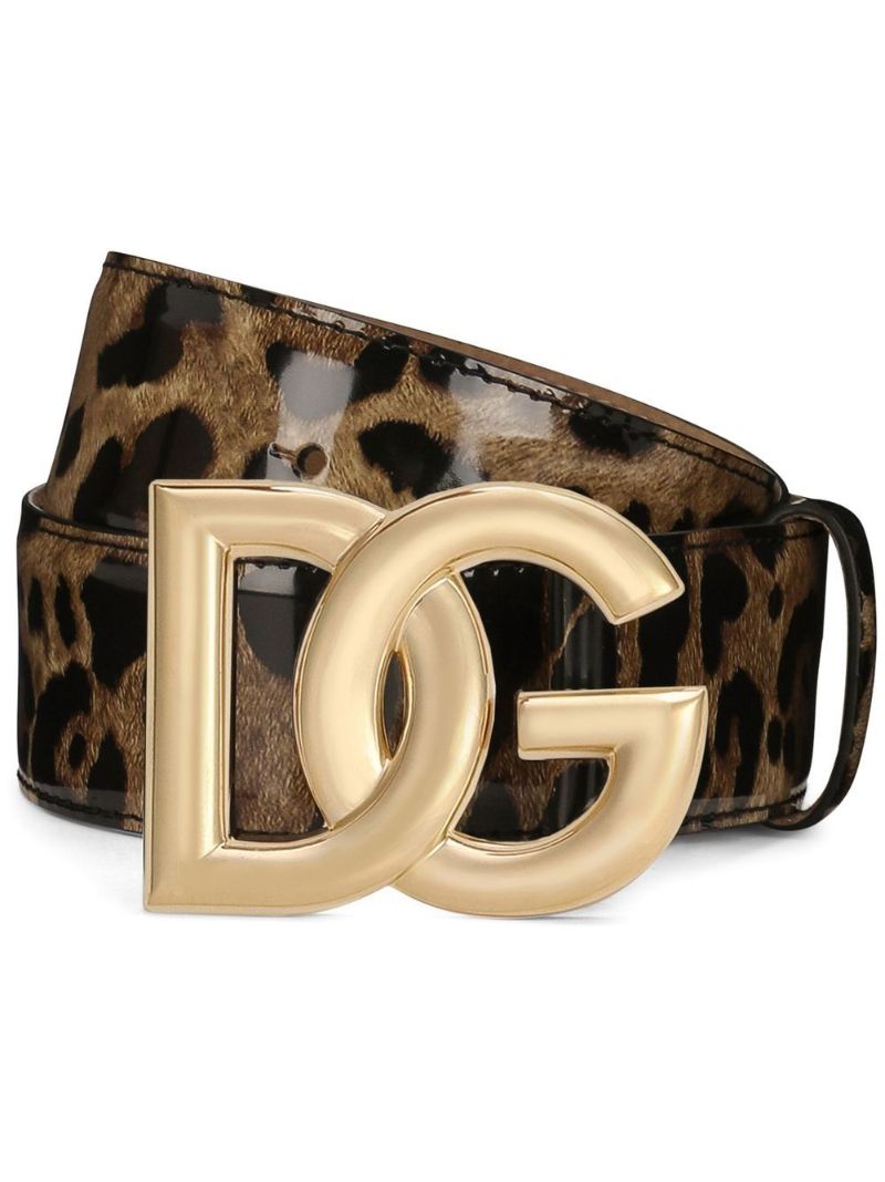 Brown Leopard Print Logo Buckle Leather Belt