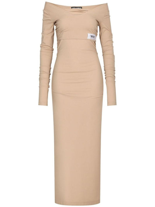 Neutral Off-shoulder Midi Dress