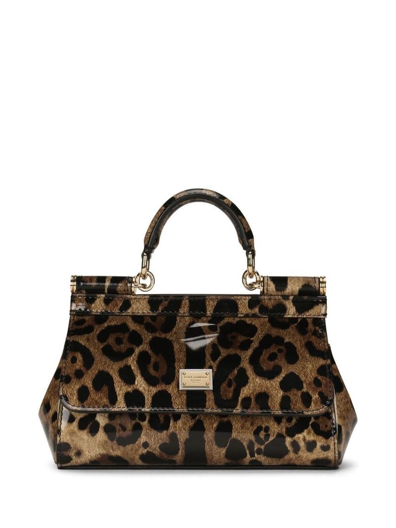 Brown Sicily Small Leopard Print Leather Top Handle Bag