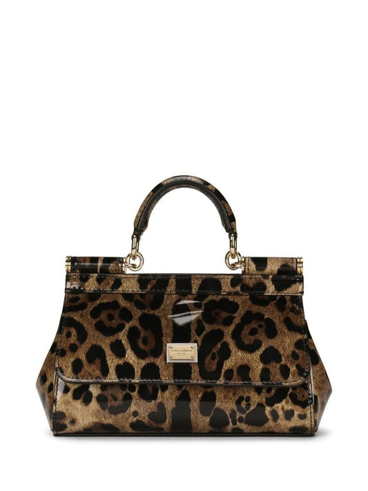 Brown Sicily Small Leopard Print Leather Top Handle Bag